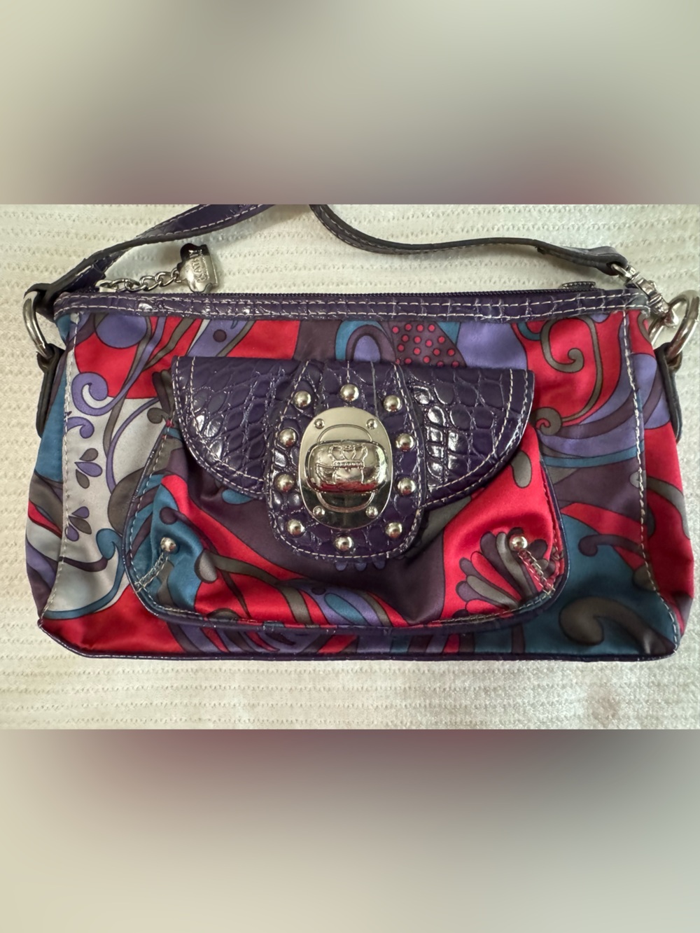 Kathy Van Zeeland Y2K Purple Multicolor Paisley Crossbody Bag Studded Purse